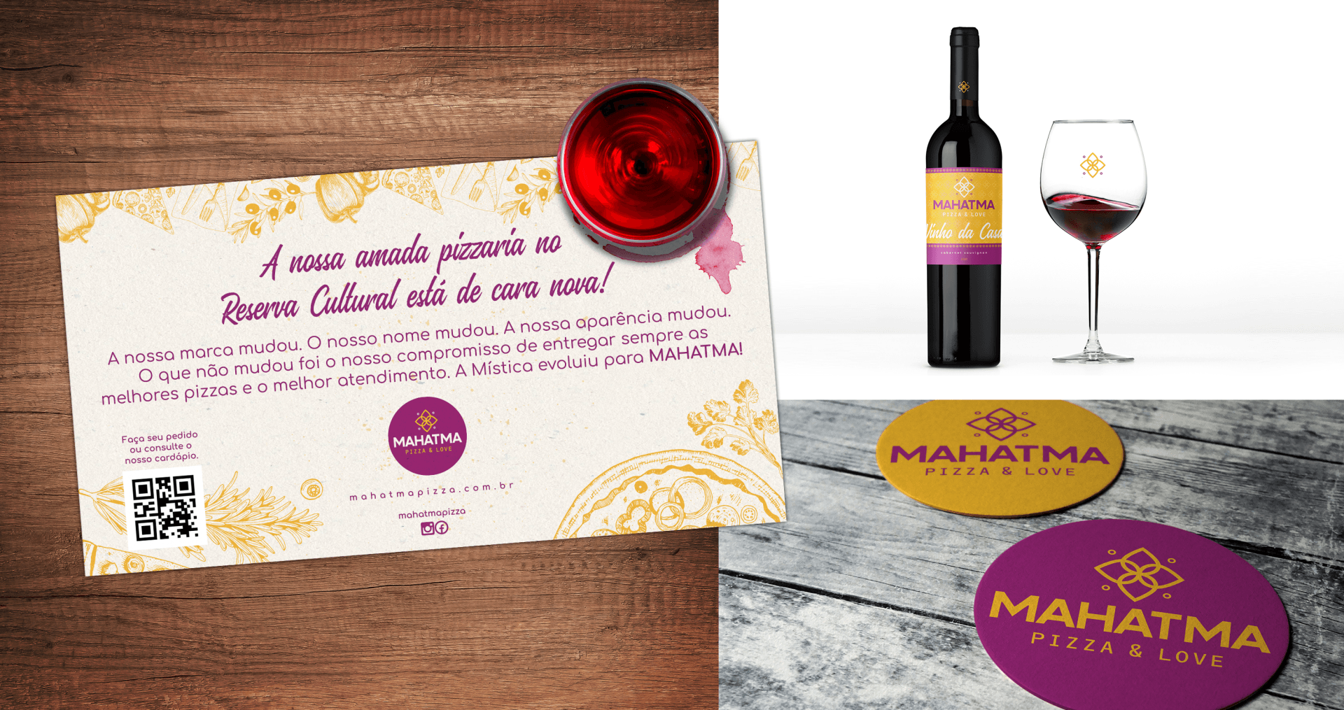 Mahatma Pizzas Uma garrafa de vinho e uma taça de vinho estão sobre uma mesa de madeira.