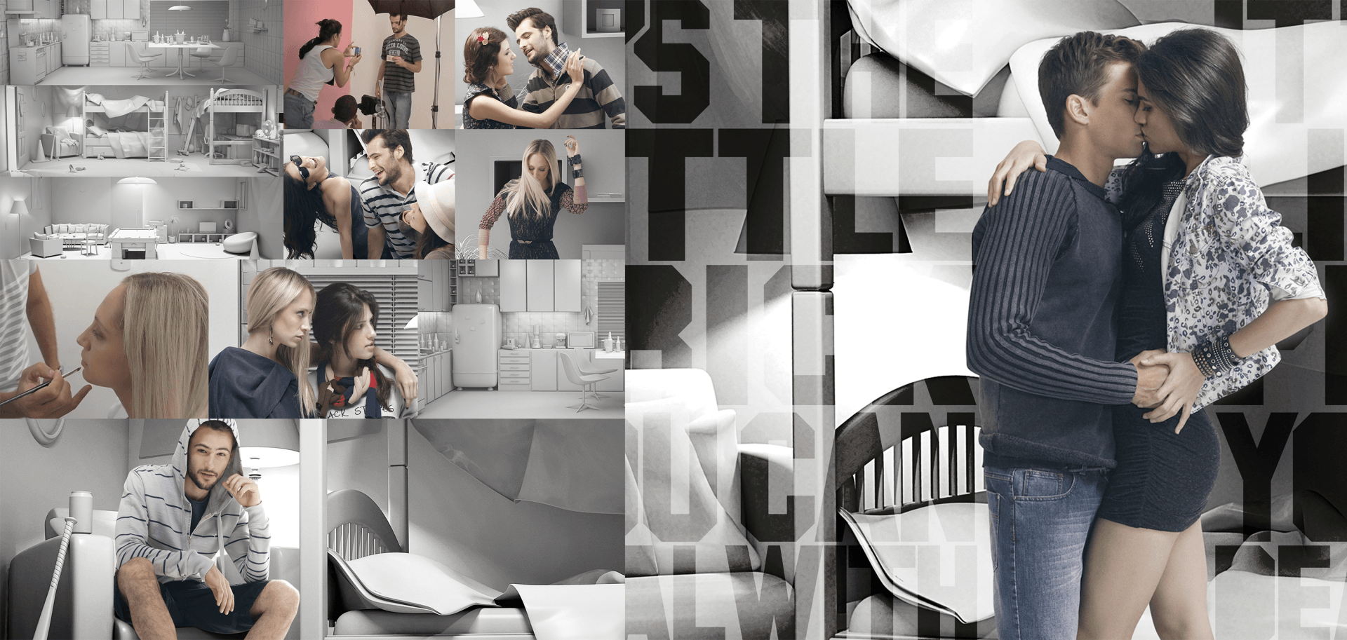 A collage of images of a man and woman kissing