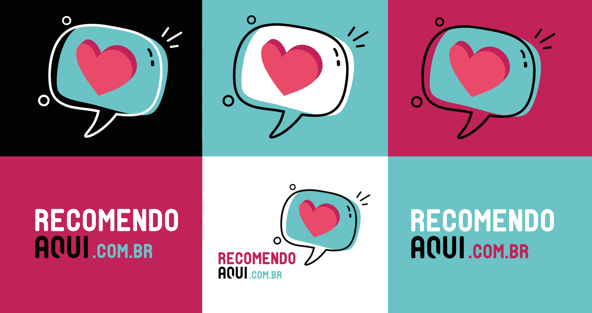 Um logotipo para recomende aqui.com.br com um coração em um balão de fala