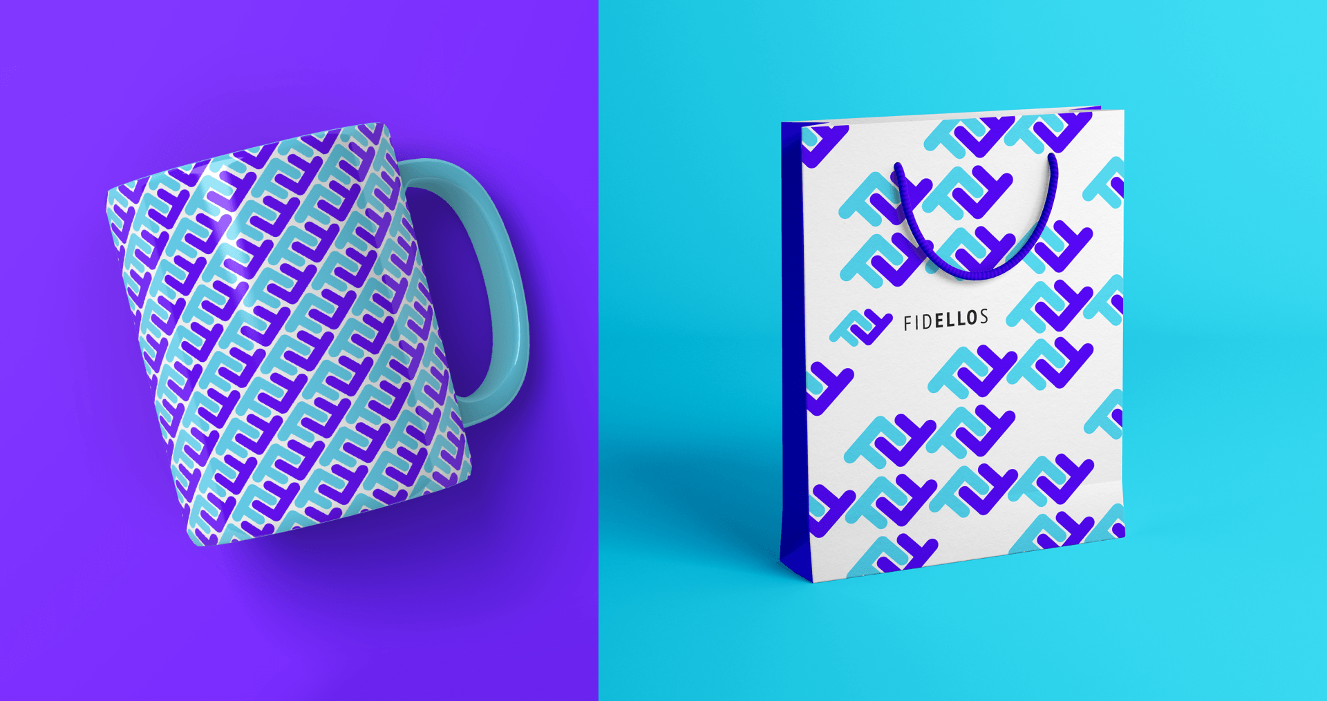 Fidellos Uma caneca azul e branca e uma bolsa azul e branca em um fundo azul e roxo.