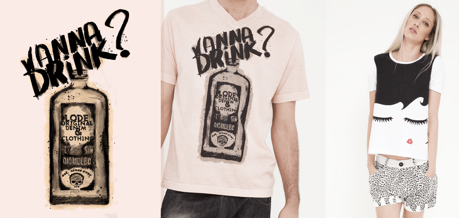 A man is wearing a t-shirt that says ' drink ? ' on it