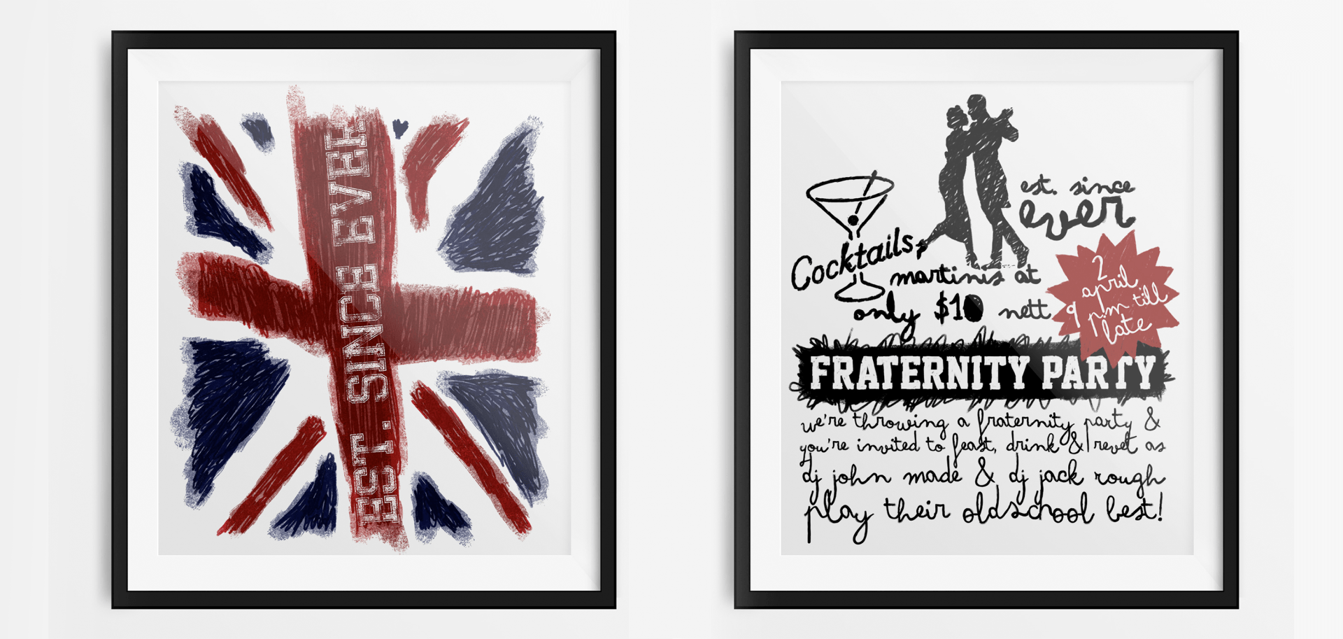 Two framed pictures of a british flag and a fraternity party