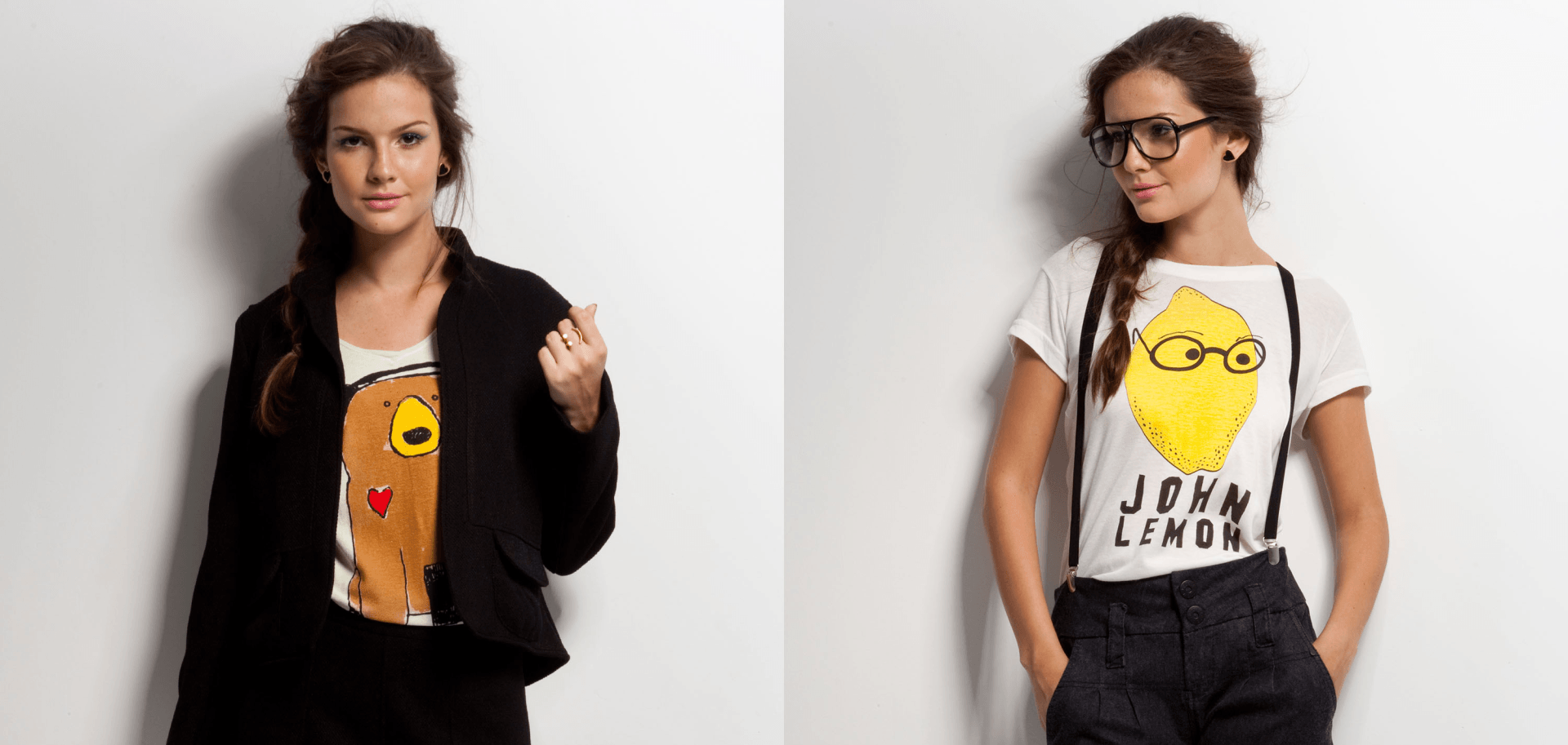 A woman wearing a black jacket and a white t-shirt with a lemon on it