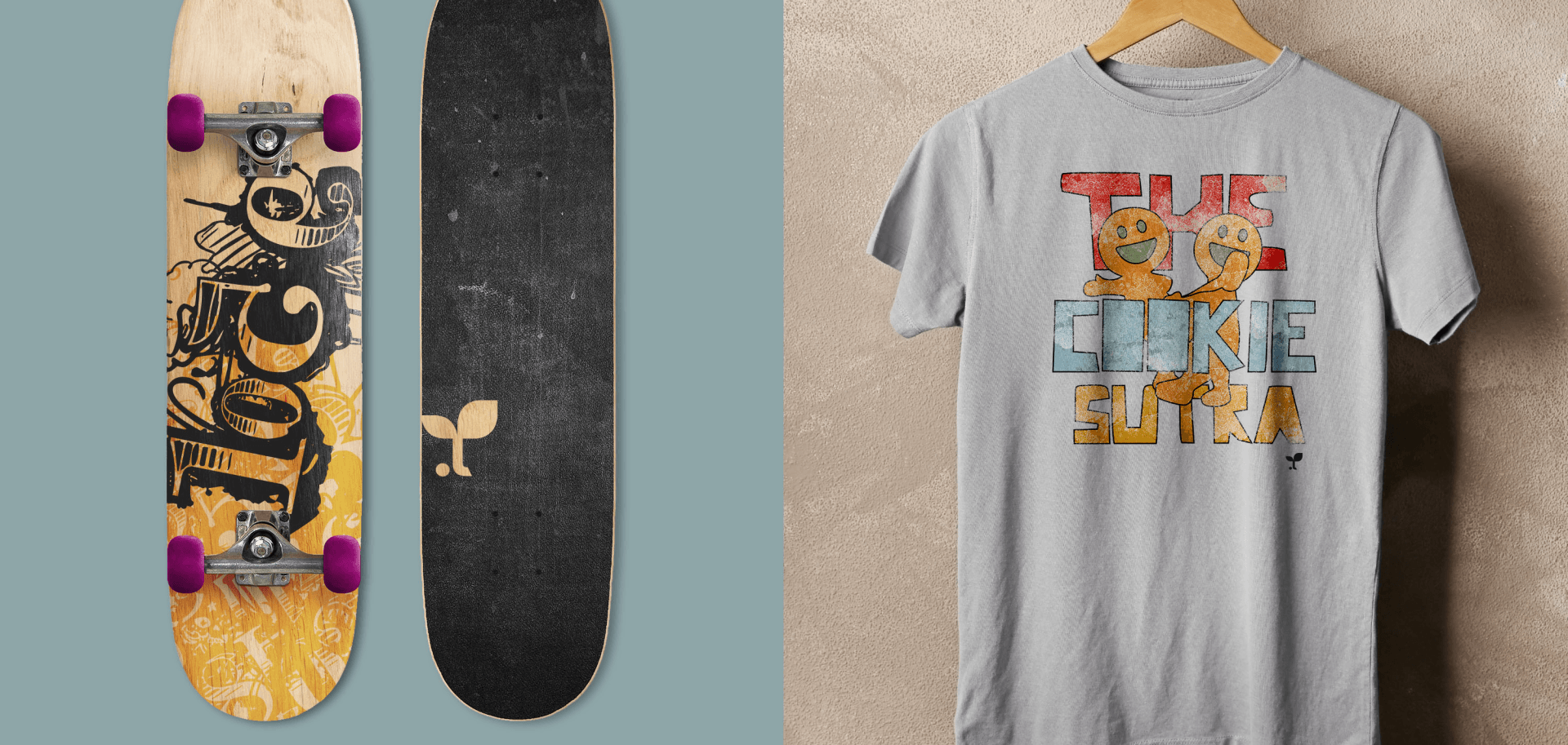 A skateboard and a t-shirt are hanging on a hanger.