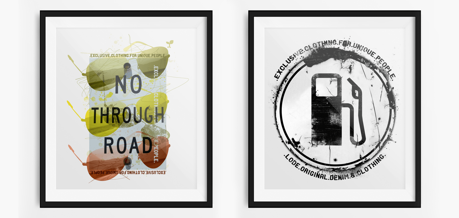 Two framed posters on a wall one of which says `` no through road ''