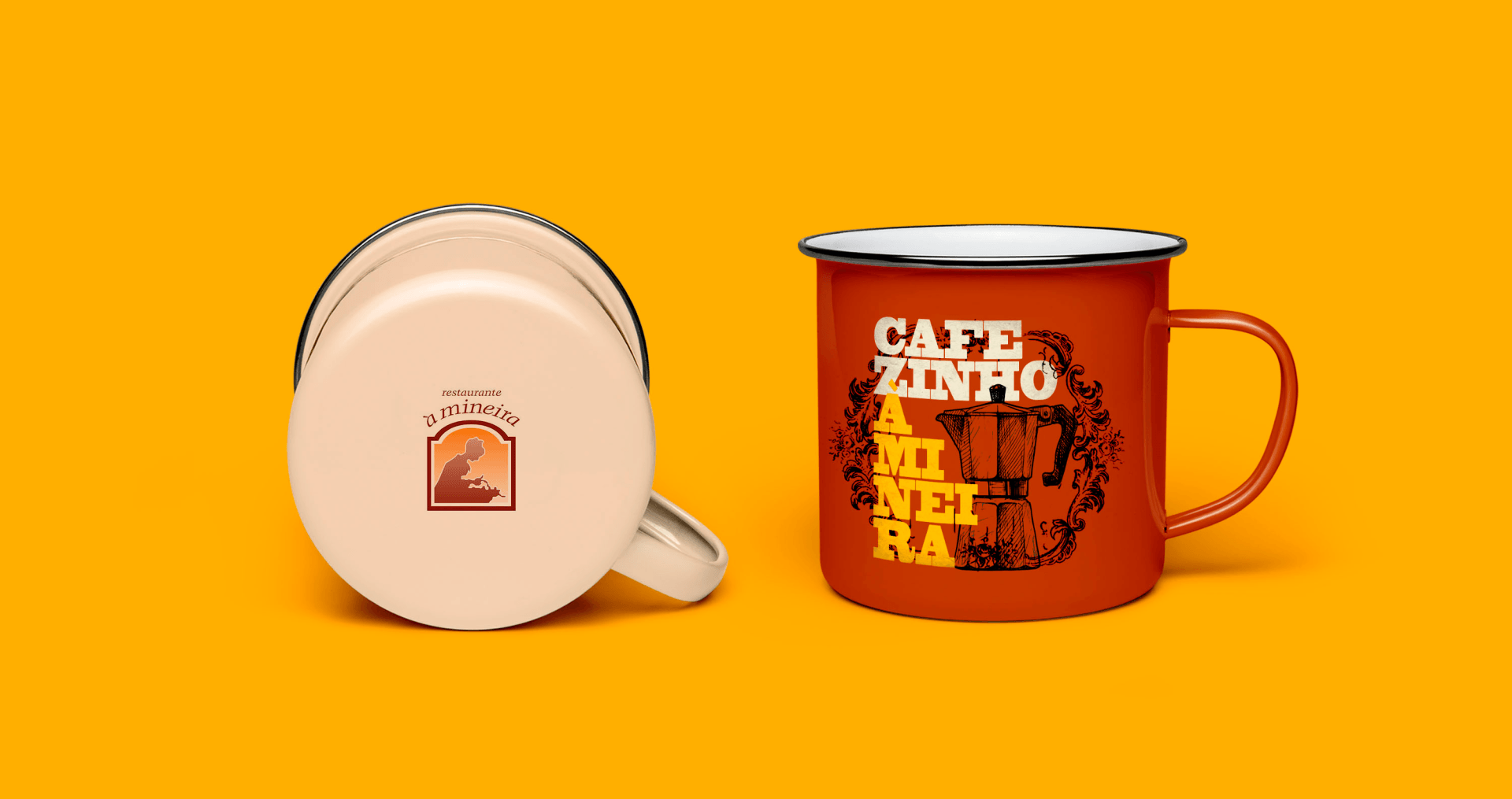 Duas canecas estão sentadas uma ao lado da outra em um fundo amarelo.