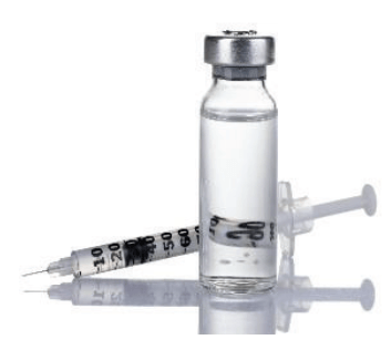 Vial of clear liquid next to a syringe; likely medication for injection.