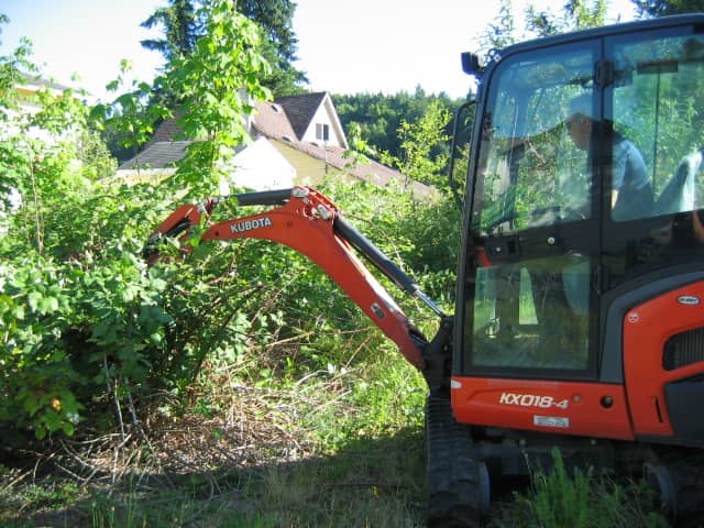 Orange Kubota excavator trimming bushes near a house, operated by a person inside the cab.