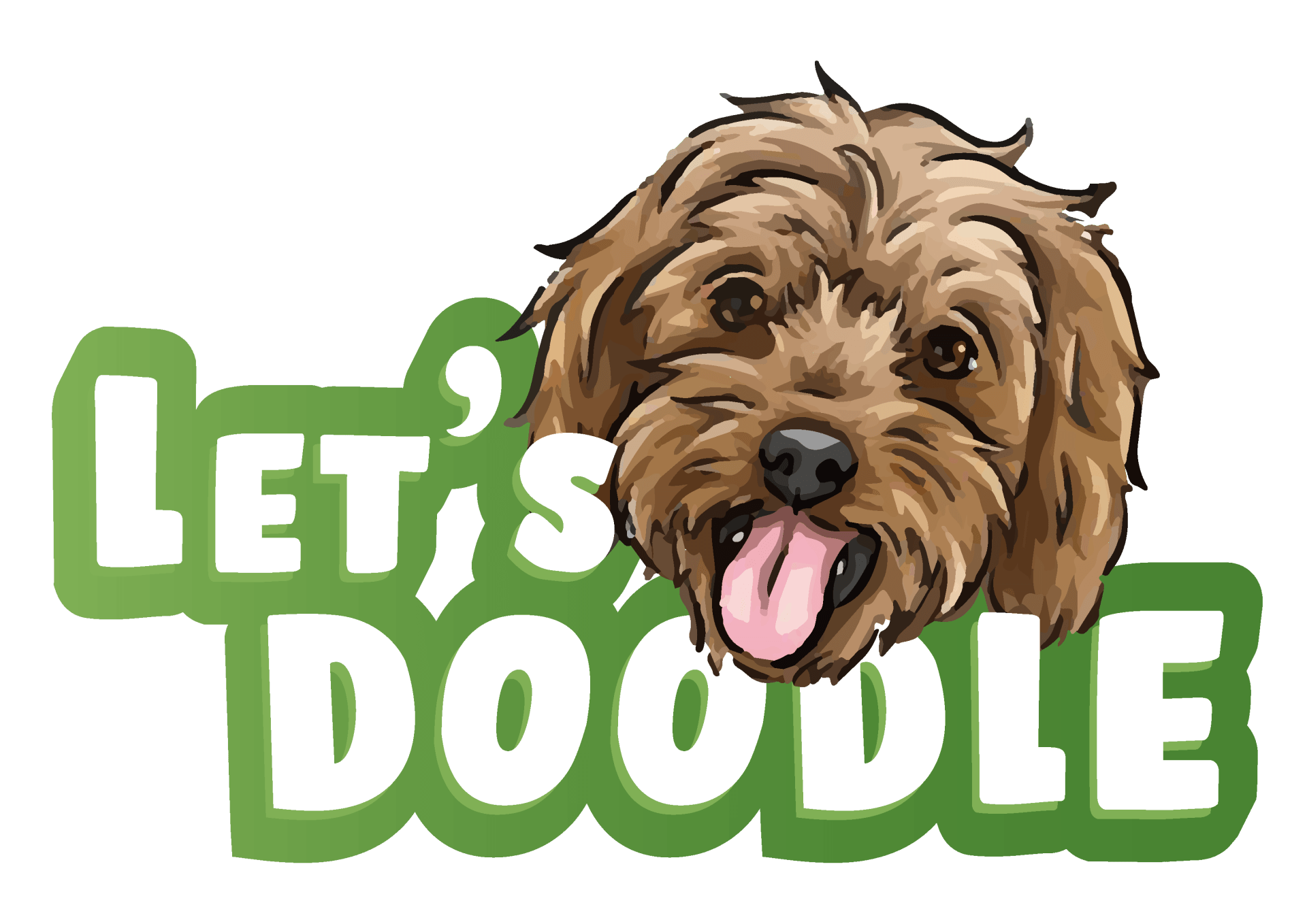 Logo met een ruige bruine hond en groene tekst met de woorden 