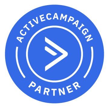 A blue circle with the words active campaign partner on it