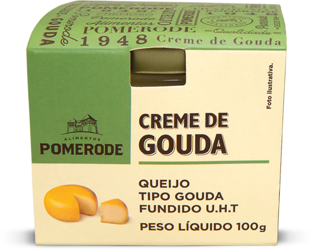A box of pomerode creme de gouda queijo tipo gouda fundido u.h.t peso liquido 100g
