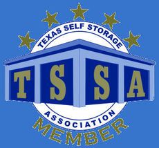 Texas Self Storage Association logo: Blue and gold graphic with text 