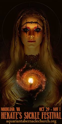A poster for the hekate 's sickle festival shows a woman with a candle in her hand.