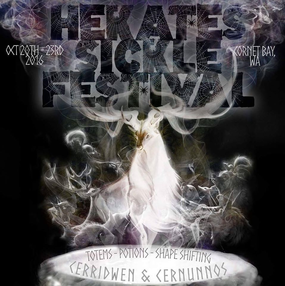 A poster for the hekate 's sigil festival shows a white deer surrounded by smoke.
