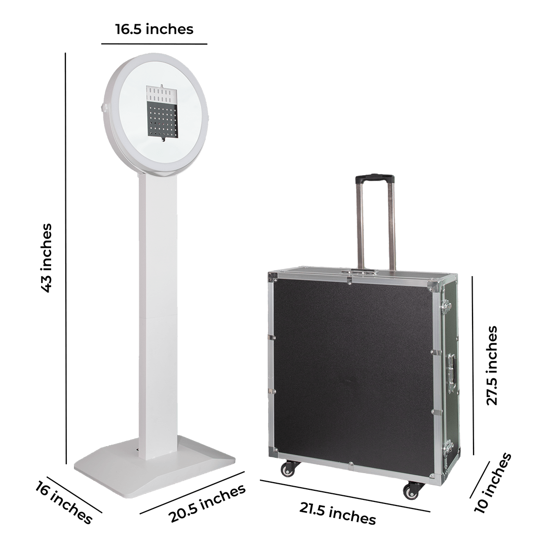 A picture of a photo booth and a suitcase with measurements.