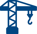 A blue construction crane with a hook attached to it.