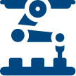A blue and white icon of a robotic arm on a white background.