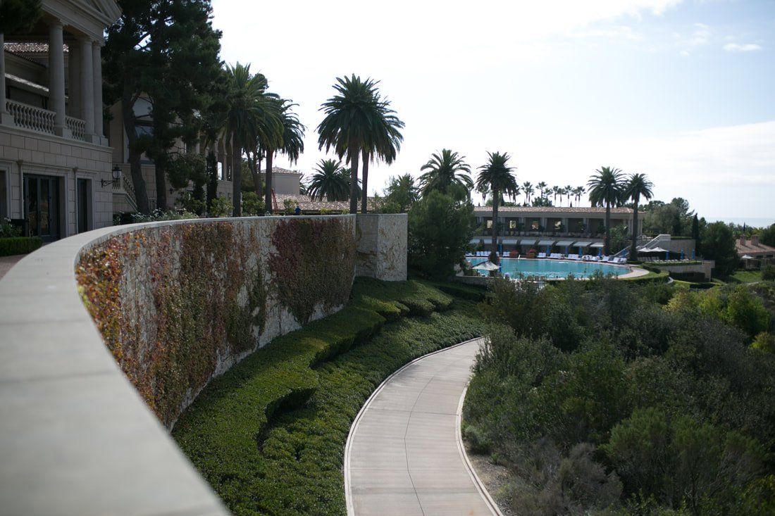 A walkway leading to a large building with a pool in the background