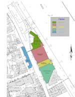 Eine schwarzweiße Karte einer Stadt mit verschiedenfarbigen Quadraten darauf.