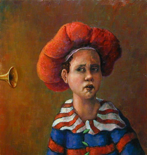 A painting of a girl with a red hat and a trumpet in the background