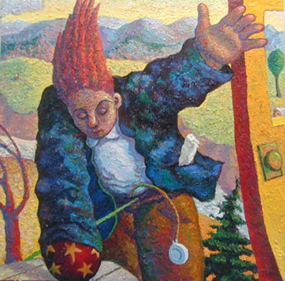 A painting of a man with red hair and headphones.