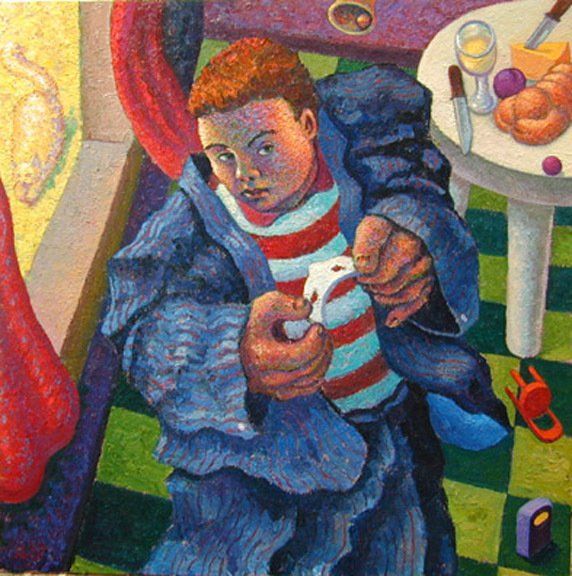 A painting of a man holding a remote control