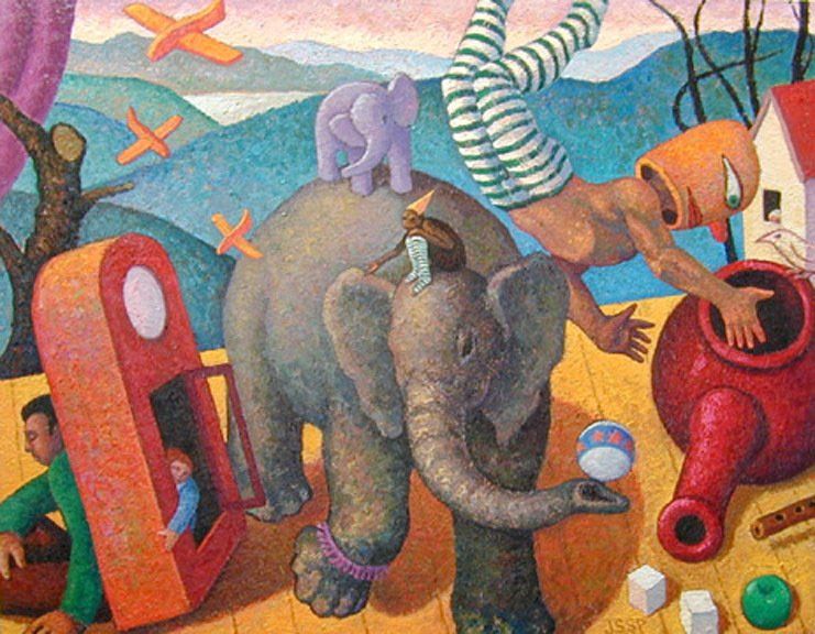 A painting of a man standing on top of an elephant