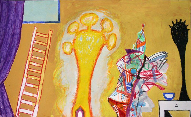 A painting of a room with a ladder and a lamp