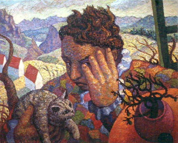 A painting of a man talking on a cell phone next to a cat