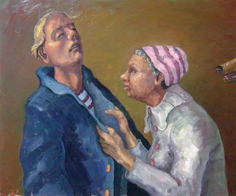 A painting of a man and a woman talking to each other.
