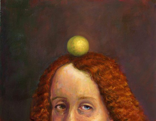 A painting of a woman with red hair and a green ball on her head.