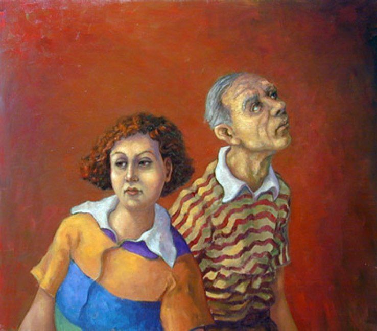 A painting of a man and a woman looking up