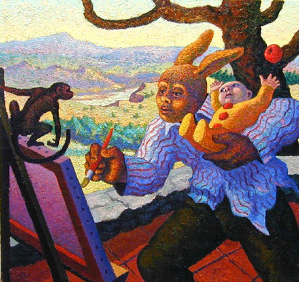 Rabbitman Lecturing to Hare, 2002 Oil on Canvas, 64