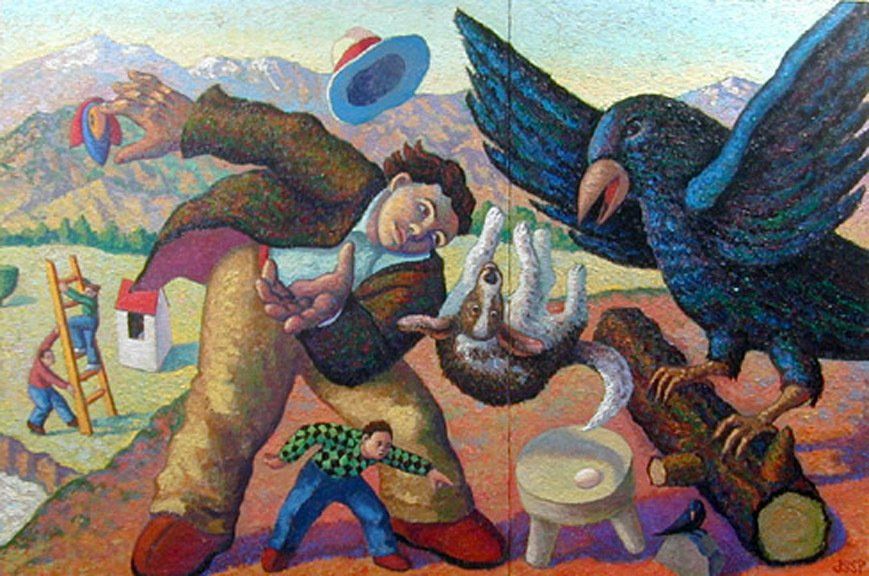 A painting of a man being attacked by a bird
