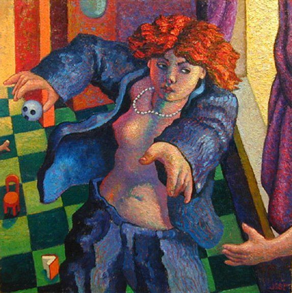 A colorful painting of a woman in a blue suit