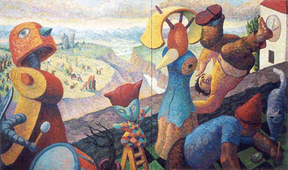 A painting of a group of people standing next to each other on a hill.