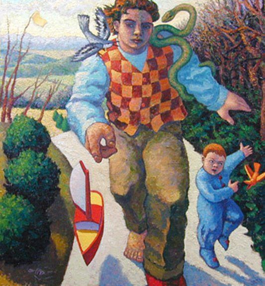 A painting of a man with a snake and a child