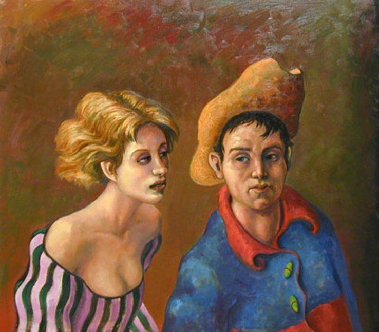 A man and a woman are standing next to each other in a painting.