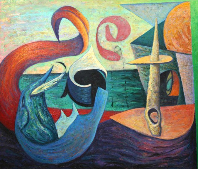 A colorful abstract painting of a boat in the water