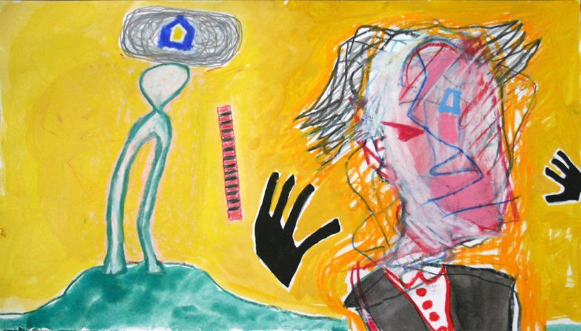 A painting of a man in a suit with a hand on his face.