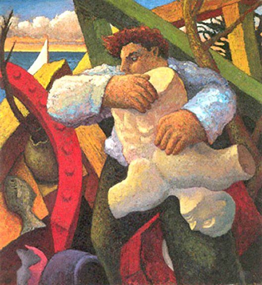 A painting of a man holding a piece of paper
