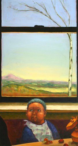 A painting of a baby sitting at a table in front of a window.