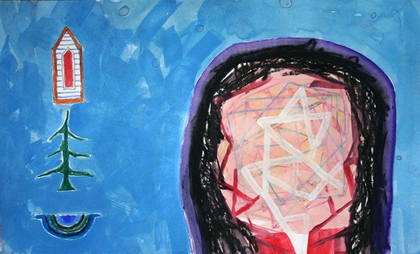 A painting of a person 's head with a tree in the background