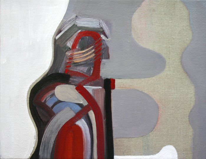 A painting of a red and gray object on a white background