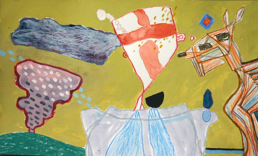 A child 's drawing of a horse with a shield on it