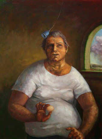 A painting of a woman holding an egg in her hand.