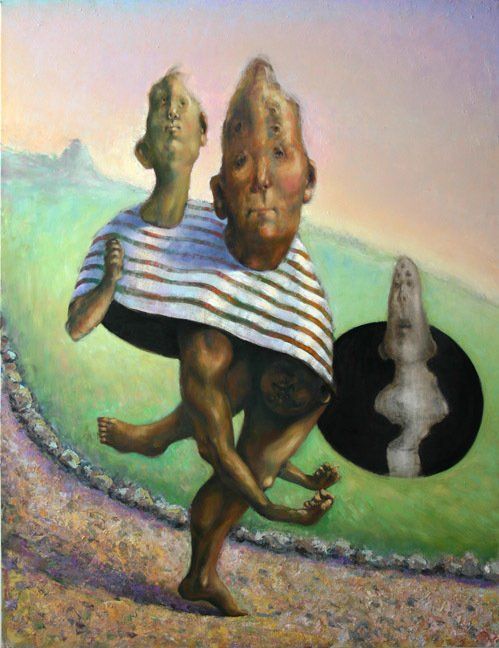 A painting of a man carrying another man on his shoulders