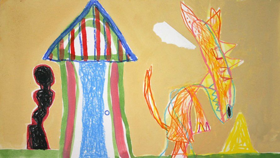 A child 's drawing of a beach hut and a kangaroo.