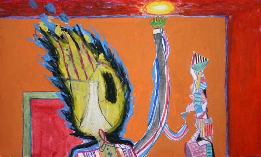 A colorful painting of a person holding a torch.