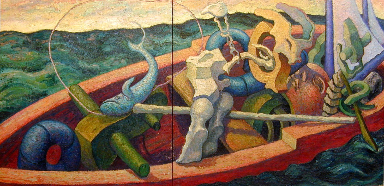 A painting of a boat with a statue in it